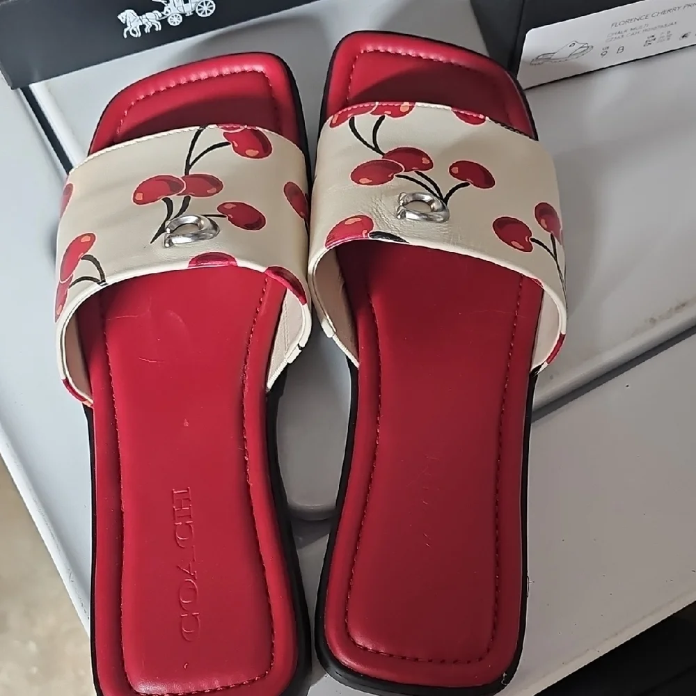 Coach Cherry Print Red and Cream Slide Sandals - Picture 4 of 10